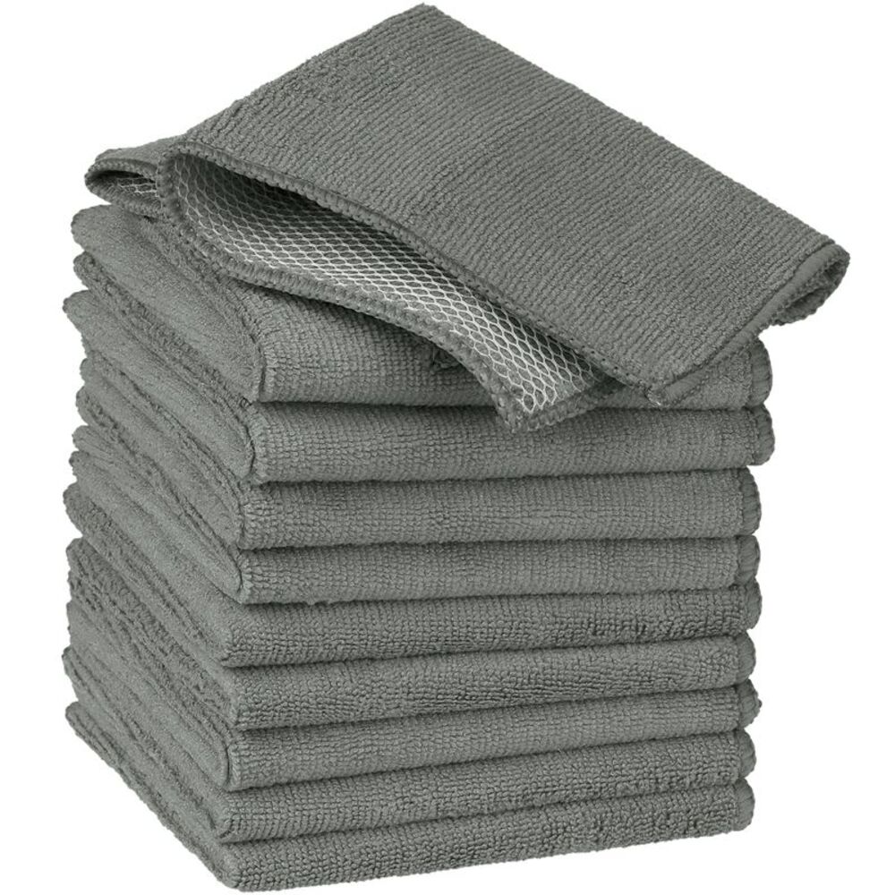 10 Pack Set Absorbent Dish Rags with Poly Scour Scrub Side 12" x 12" Grey